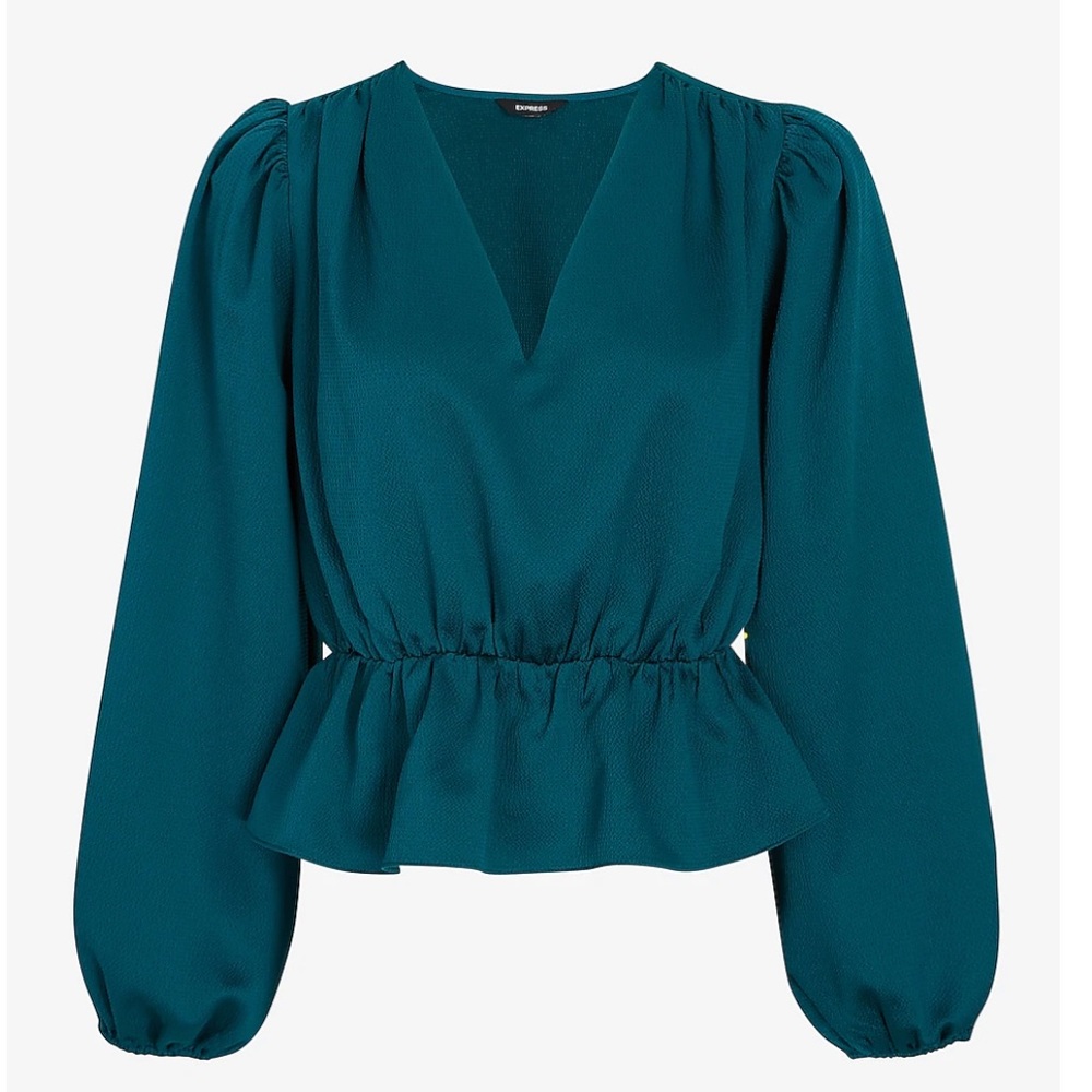 Express Long Sleeve Green V-Neck Peplum Top Venetian Teal Size: S green blouse